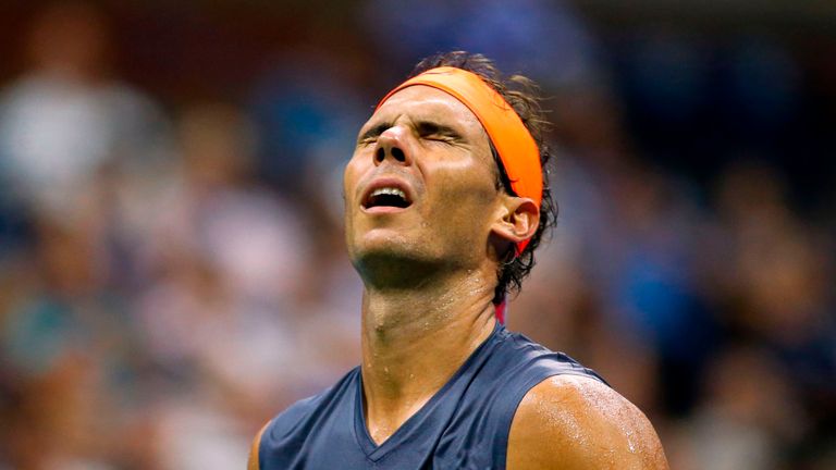 Spain's Rafael Nadal reacts after losing a point to Austria's Dominic Thiem during their Men's Singles Quarter-Finals match at the 2018 US Open at the USTA Billie Jean King National Tennis Center in New York on September 4, 2018.