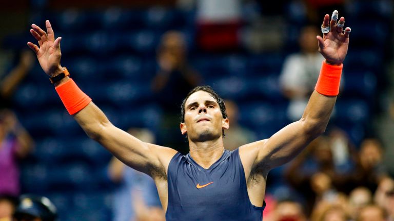 Spain's Rafael Nadal celebrates after defeating Austria's Dominic Thiem during their Men's Singles Quarter-Finals match at the 2018 US Open at the USTA Billie Jean King National Tennis Center in New York on September 5, 2018.