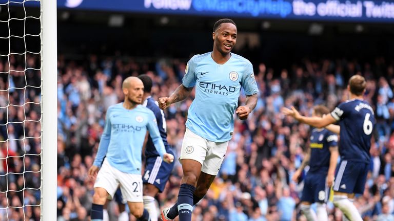 Raheem Sterling celebrates scoring against Fulham for Manchester City