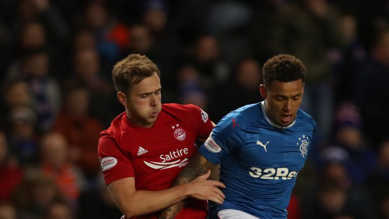 GLASGOW, SCOTLAND - JANUARY 24:  Greg Stewart of Aberdeen vies with James Tavernier of Rangers during the Ladbrokes Scottish Premiership match between Rangers and Aberdeen at Ibrox Stadium on January 24, 2018 in Glasgow, Scotland. (Photo by Ian MacNicol/Getty Images)
