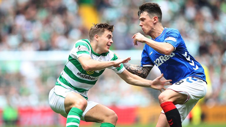 James Forrest of Celtic vies with Ryan Jack of Rangers during the Scottish Premier League between Celtic and Rangers at Celtic Park Stadium on September 2, 2018 in Glasgow, Scotland