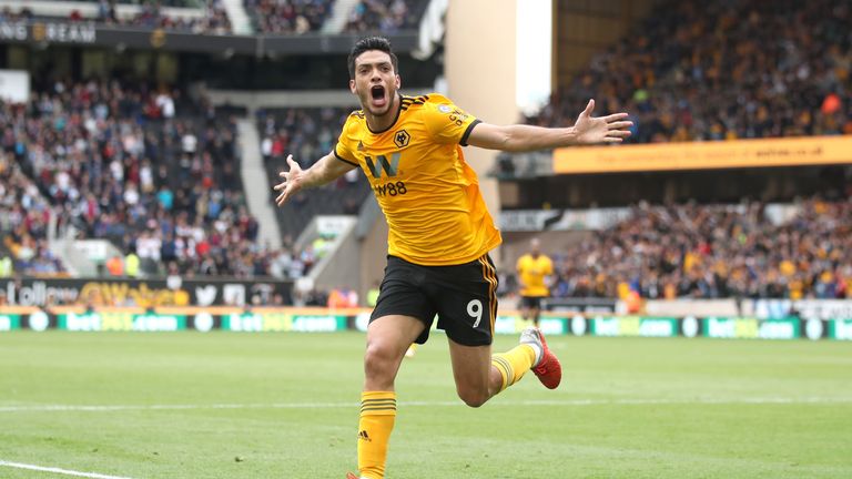 Wolverhampton Wanderers&#39; Raul Jimenez celebrates scoring his side&#39;s first goal of the game during the Premier League match at Molineux, Wolverhampton.