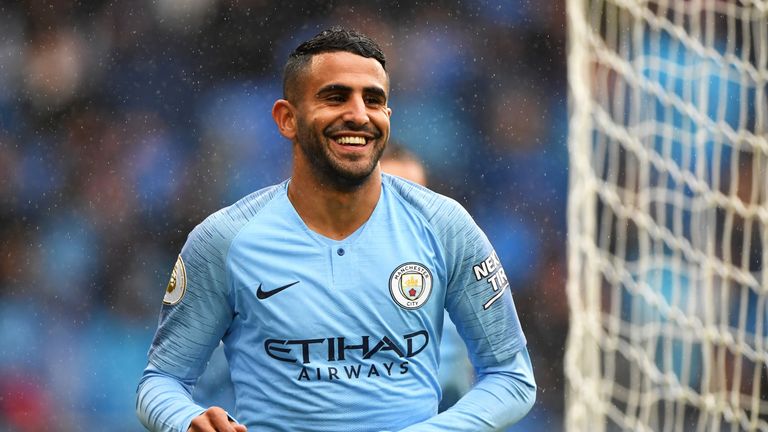 Riyad Mahrez celebrates after extending Manchester City&#39;s lead