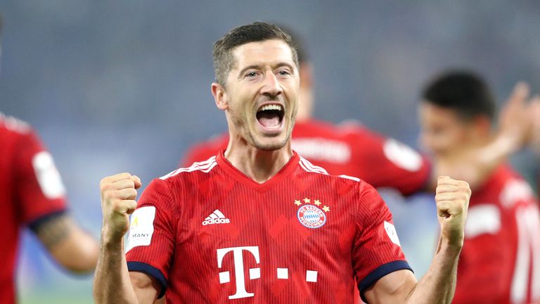 Robert Lewandowski  celebrates after scoring Bayern Munich's second goal