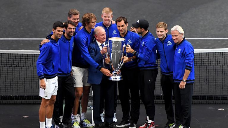 Former tennis player Rod Laver of Australia and Team Europe pose with the trophy after their Men's Singles match on day three to win the 2018 Laver Cup at the United Center on September 23, 2018 in Chicago, Illinois.