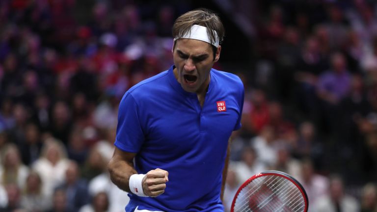 Team Europe Roger Federer of Switzerland celebrates a point against Team World John Isner of the United States during their Men&#39;s Singles match on day three of the 2018 Laver Cup at the United Center on September 23, 2018 in Chicago, Illinois. 