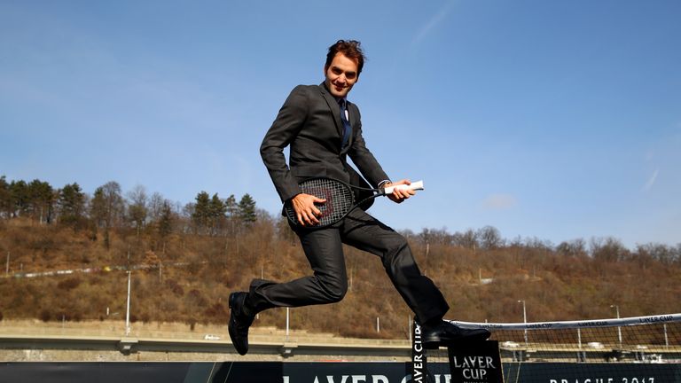 Roger Federer of Switzerland poses during the countdown to the inaugural Laver Cup on February 20, 2017 in Prague, Czech Republic