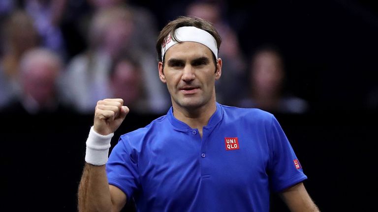 Team Europe Roger Federer of Switzerland celebrates after defeating Team World Nick Kyrgios of Australia in their Men's Singles match on day two of the 2018 Laver Cup at the United Center on September 22, 2018 in Chicago, Illinois