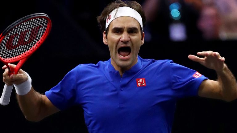  Team Europe Roger Federer of Switzerland celebrates after defeating Team World John Isner of the United States during their Men's Singles match on day three of the 2018 Laver Cup at the United Center on September 23, 2018 in Chicago, Illinois.