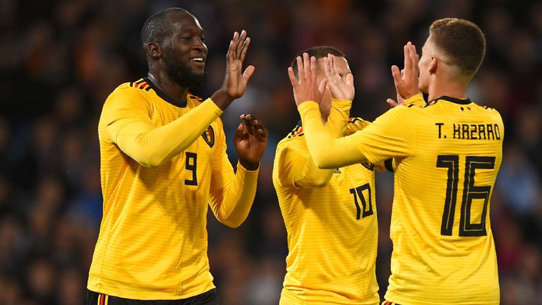 Romelu Lukaku celebrates scoring Belgium's first goal against Scotland at Hampden Park