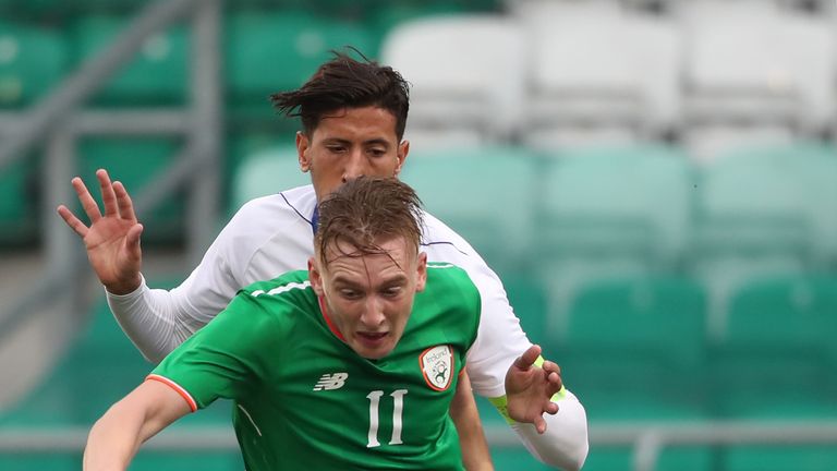 Republic of Ireland's Ronan Curtis and Israel's Amit Bitton during the 2019 UEFA Under 21 Qualifying Group Five match at the Tallaght Stadium, Dublin. PRESS ASSOCIATION Photo. Picture date: Monday October 9, 2017. See PA story SOCCER Wales. Photo credit should read: Nigel French/PA Wire. RESTRICTIONS: Editorial use only, No commercial use without prior permission. 