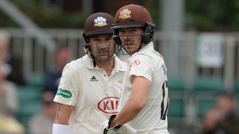 CHELMSFORD, ENGLAND - SEPTEMBER 4 : Rory Burns and Dean Elgar of Surrey look on during the Specsavers County Championship Division One match between Essex and Surrey at The Cloudfm County Ground on September 4, 2018 in Chelmsford, England. (Photo by Philip Brown/Getty Images) *** Local Caption *** Dean Elgar; Rory Burns