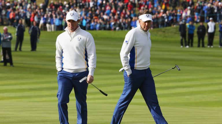 AUCHTERARDER, SCOTLAND - SEPTEMBER 27:  Rory McIlroy of Europe and Ian Poulter of Europe look on during the Morning Fourballs of the 2014 Ryder Cup on the PGA Centenary course at the Gleneagles Hotel on September 27, 2014 in Auchterarder, Scotland.  (Photo by Ross Kinnaird/Getty Images)