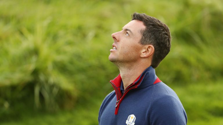 PARIS, FRANCE - SEPTEMBER 28: Rory McIlroy of Europe reacts during the morning fourball matches of the 2018 Ryder Cup at Le Golf National on September 28, 2018 in Paris, France.  (Photo by Jamie Squire/Getty Images)