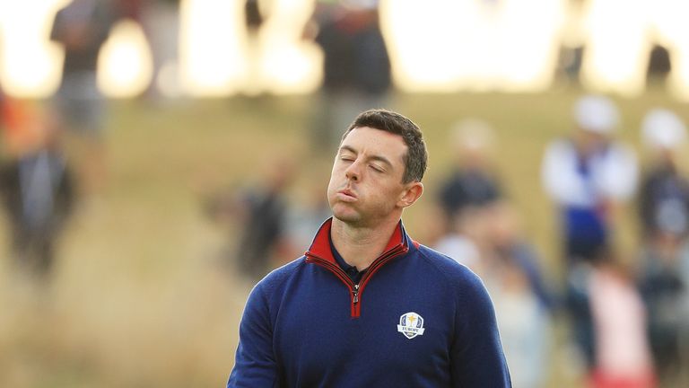 Rory McIlroy of Europe reacts  during the morning fourball matches of the 2018 Ryder Cup at Le Golf National on September 28, 2018 in Paris, France