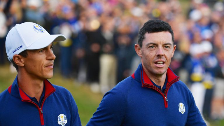 PARIS, FRANCE - SEPTEMBER 28: Rory McIlroy of Europe and Thorbjorn Olesen of Europe during the morning fourball matches of the 2018 Ryder Cup at Le Golf National on September 28, 2018 in Paris, France.  (Photo by Stuart Franklin/Getty Images)