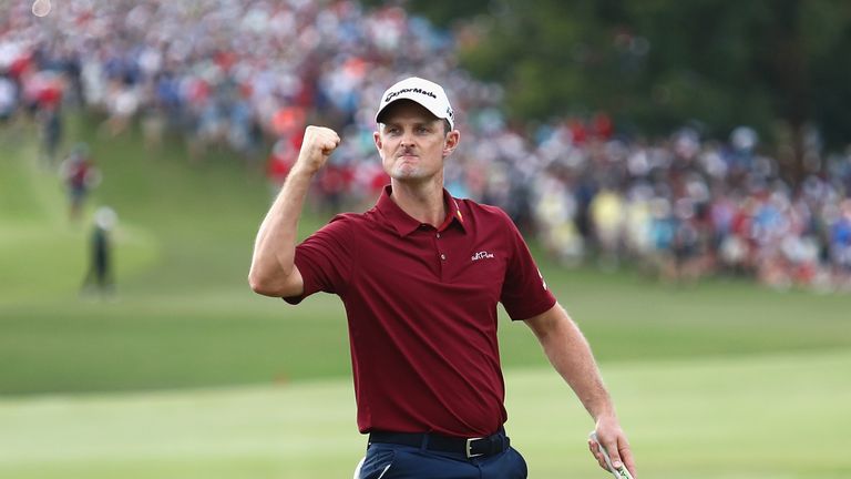 ATLANTA, GA - SEPTEMBER 23:  Justin Rose of England celebrates after making a putt for birdie on the 18th green to win the 2018 FedEx Cup during the final round of the TOUR Championship at East Lake Golf Club on September 23, 2018 in Atlanta, Georgia.  (Photo by Tim Bradbury/Getty Images)