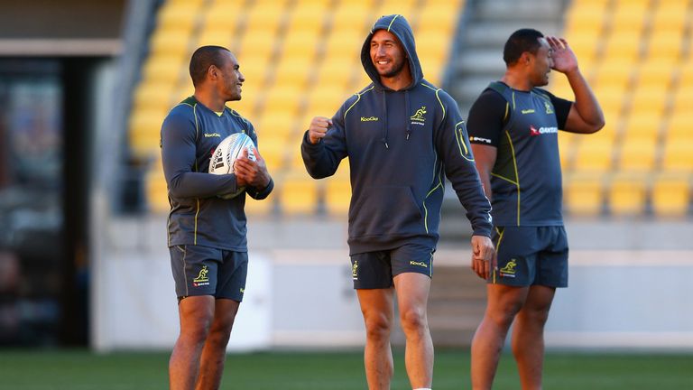 Will Genia (left) and Quade Cooper during Wallabies training in 2013