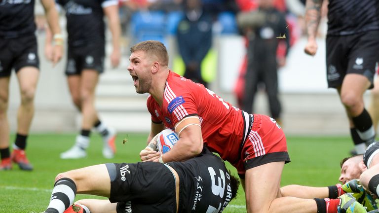 Picture by Dean Atkins/SWpix.com - 08/09/2018 - Rugby League - Betfred Super League - The Qualifiers - Salford Red Devils v Toronto Wolfpack - AJ Bell Stadium, Salford, England -.Salford's Ryan Lannon scores their final try