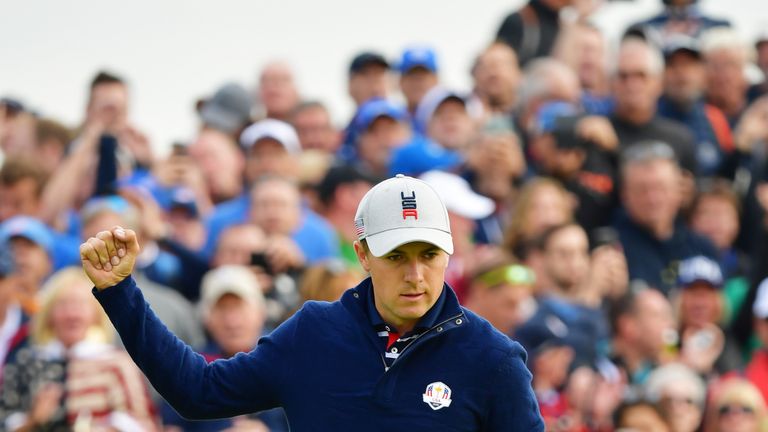 Jordan Spieth of the United States celebrates during the morning fourball matches of the 2018 Ryder Cup at Le Golf National on September 28, 2018 in Paris, France