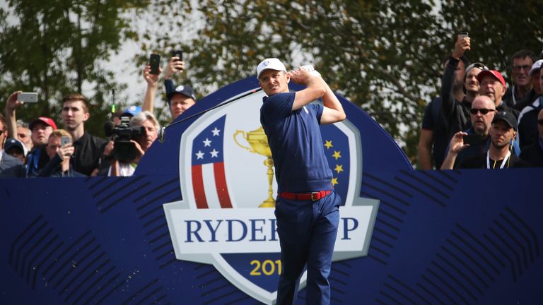Justin Rose during the afternoon foursome matches of the 2018 Ryder Cup at Le Golf National on September 28