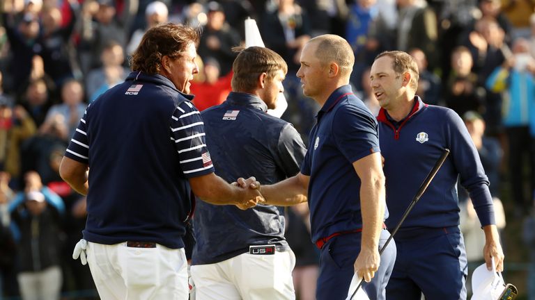 Phil Mickelson and Bryson DeChambeau lost to Alex Noren and Sergio Garcia in the afternoon foursome matches of the 2018 Ryder Cup at Le Golf National on September 28, 2018 in Paris, France.