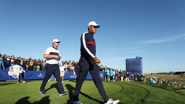 Bryson DeChambeau and Tiger Woods ahead of the 2018 Ryder Cup at Le Golf National on September 25, 2018 in Paris, France.
