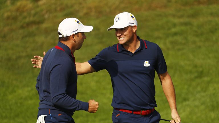 during the afternoon foursome matches of the 2018 Ryder Cup at Le Golf National on September 28, 2018 in Paris, France.