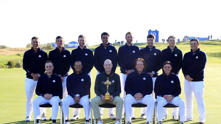 A Team USA group photo. Back Row (left-right): Brooks Koepka, Bryson Dechambeau, Webb Simpson, Tony Finau, Dustin Johnson, Bubba Watson, Jordan Spieth and Patrick Reed...Front Row (left-right): Justin Thomas, Tiger Woods, Jim Furyk, Phil Mickelson and Rickie Fowler during preview day three of the Ryder Cup at Le Golf National, Saint-Quentin-en-Yvelines, Paris. PRESS ASSOCIATION Photo. Picture date: Wednesday September 26, 2018.