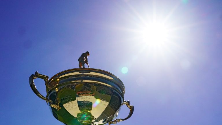 A detailed view of the Ryder Cup trophy ahead of the 2018 Ryder Cup at Le Golf National on September 25, 2018