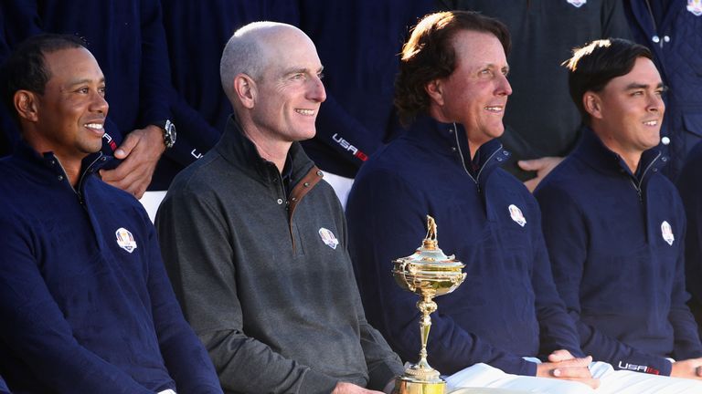 (L-R) Tiger Woods, Captain Jim Furyk, Phil Mickelson and Rickie Fowler of the United States during a photocall ahead of the 2018 Ryder Cup at Le Golf National on September 26, 2018 in Paris, France. 