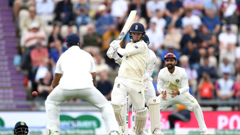 Sam Curran of England bats during the Specsavers 4th Test match between England and India at The Ageas Bowl on August 30, 2018 in Southampton, England.
