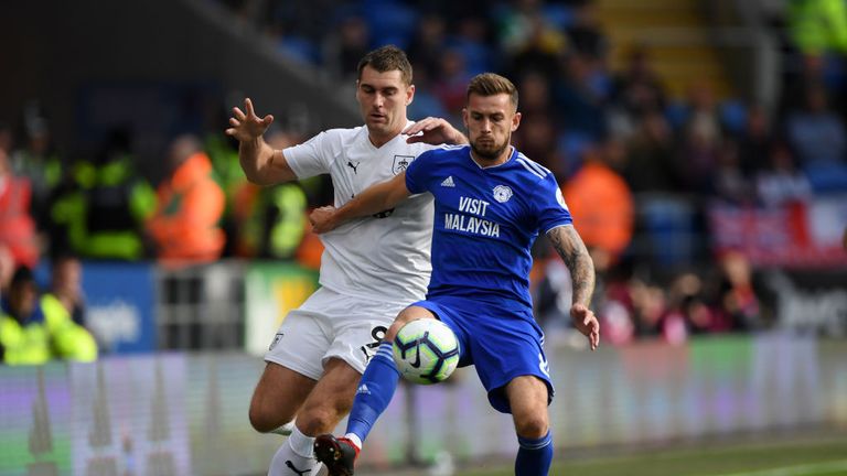 CARDIFF, WALES - SEPTEMBER 30:  Sam Vokes of Burnley battle for possession with Joe Ralls of Cardiff City during the Premier League match between Cardiff City and Burnley FC at Cardiff City Stadium on September 30, 2018 in Cardiff, United Kingdom.  (Photo by Stu Forster/Getty Images)