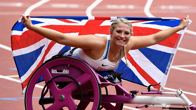 Samantha Kinghorn of Great Britain celebrates after winning gold in the Womens 100m T53 final during day ten of the IPC World ParaAthletics Championships 2017 at London Stadium on July 23, 2017 in London, England.