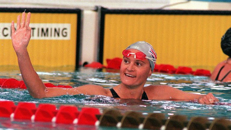 Britain's Sarah Hardcastle claims her victory in the B Final of the 400m Freestyle swimming at the Atlanta Olympics, 23 July 1996