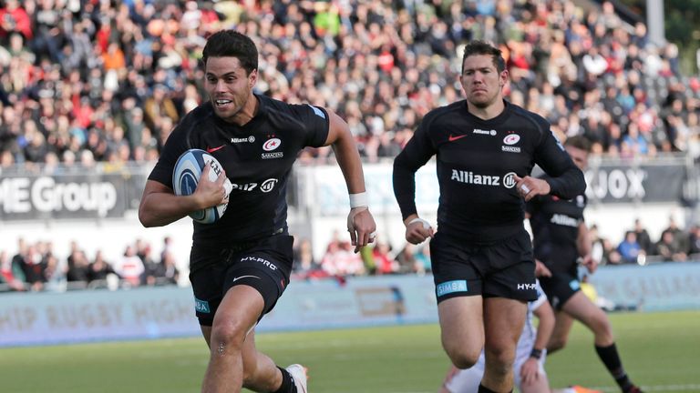  Sean Maitland of Saracens runs in to score a try