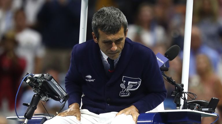 Serena Williams of the United States argues with umpire Carlos Ramos after her defeat in the Women's Singles finals match to Naomi Osaka of Japan on Day Thirteen of the 2018 US Open 