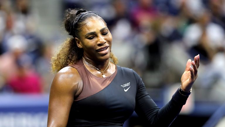Serena Williams of the United States reacts during her Women's Singles finals match against Naomi Osaka of Japan on Day Thirteen of the 2018 US Open at the USTA Billie Jean King National Tennis Center on September 8, 2018 in the Flushing neighborhood of the Queens borough of New York City