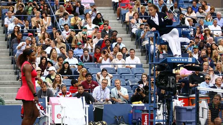 Serena Williams of the United States questions the call of chair umpire Eva Asderakia while playing against Samantha Stosur of Australia during the Women's Singles Final on Day Fourteen of the 2011 US Open 