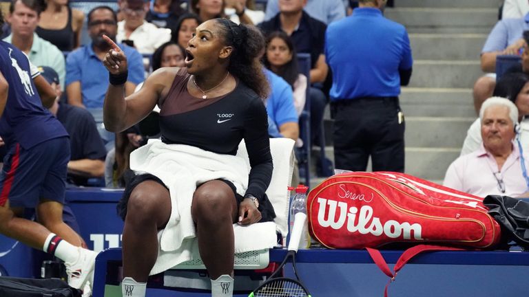 Serena Williams of the US reacts against Naomi Osaka of Japan during their Women&#39;s Singles Finals match at the 2018 US Open at the USTA Billie Jean King National Tennis Center in New York on September 8, 2018