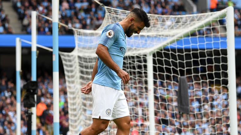 Sergio Aguero of Manchester City reacts during the Premier League match between Manchester City and Fulham FC at Etihad Stadium on September 15, 2018 in Manchester, United Kingdom. 
