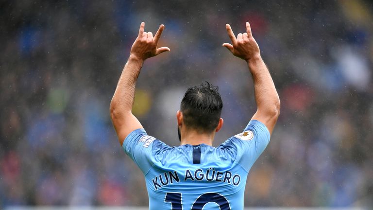Sergio Aguero celebrates scoring Manchester City's first goal of the game