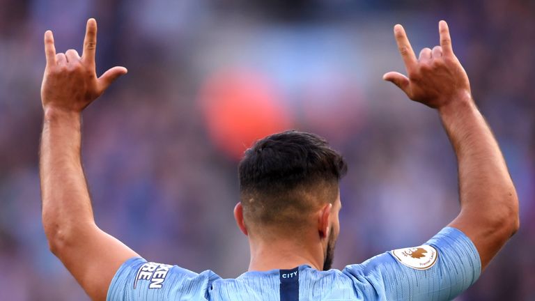 Sergio Aguero of Manchester City celebrates scoring his sides second goal