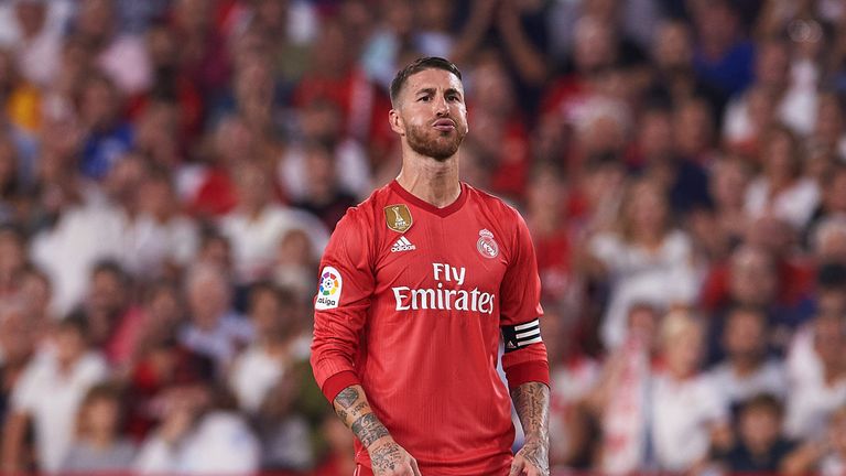 Sergio Ramos reacts during Real Madrid's 3-0 defeat by Sevilla