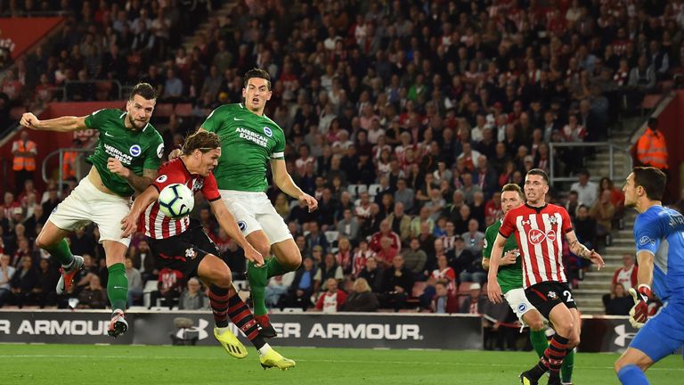 Shane Duffy scores for Brighton against Southampton