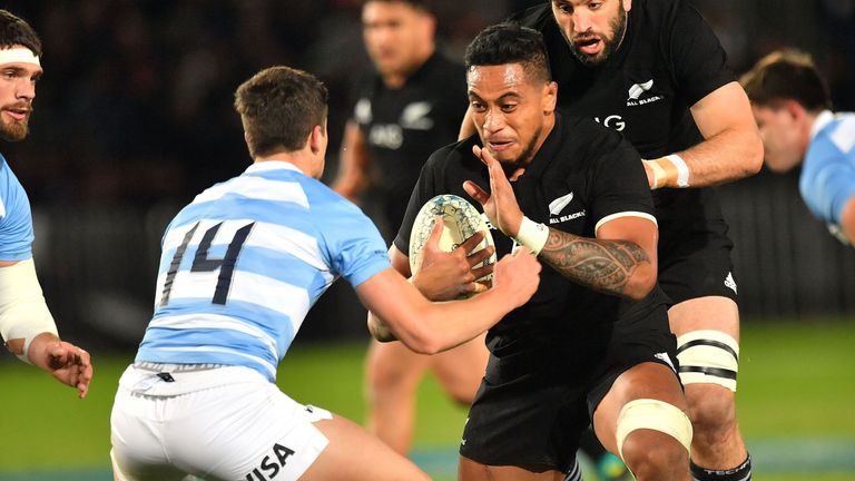 New Zealand's Shannon Frizell (R is tackled by Argentina's Bautista Delguy during the Rugby match between New Zealand and Argentina at Trafalgar Park in Nelson, New Zealand on September 8, 2018.