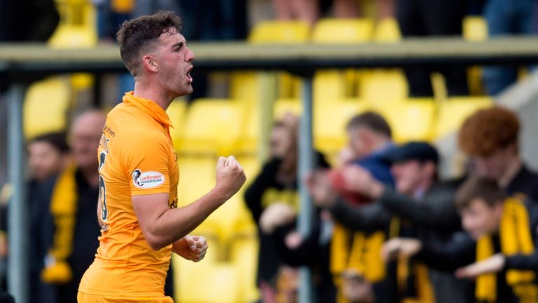 Livingston's Shaun Byrne celebrates at full-time after their 2-1 win over Hibernian. 