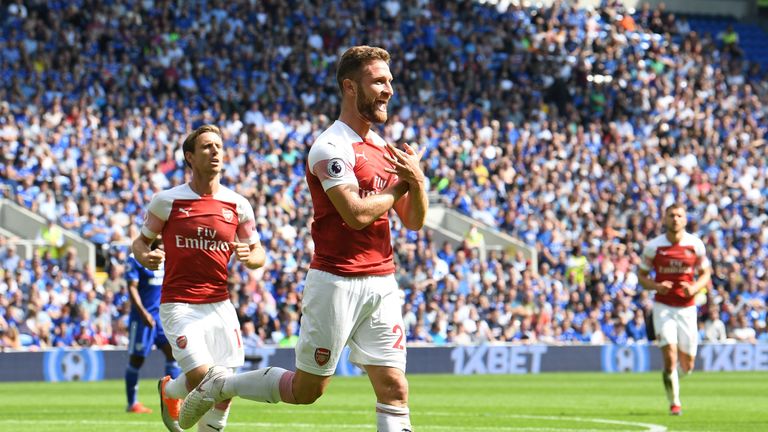 Shkodran Mustafi celebrates scoring a goal for Arsenal during the Premier League match between Cardiff City and Arsenal FC at Cardiff City Stadium on September 2, 2018 in Cardiff, United Kingdom