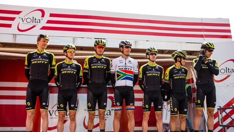 Michelton Scott 61 YATES, Simon (GBR), 62 YATES, Adam (GBR), 63 CHAVES, Jhoan E. (COL), 64 POWER, Rob (AUS), 65 HAIG, Jack (AUS), 66 IMPEY, Daryl (RSA), 67 VERONA, Carlos (ESP) and Director David MCPARTLAND 98th Volta Ciclista a Catalunya 2018 / Stage 1 Calella - Calella of 152,3km during the Tour of Catalunya, March 19th of 2018 in Calella, Spain