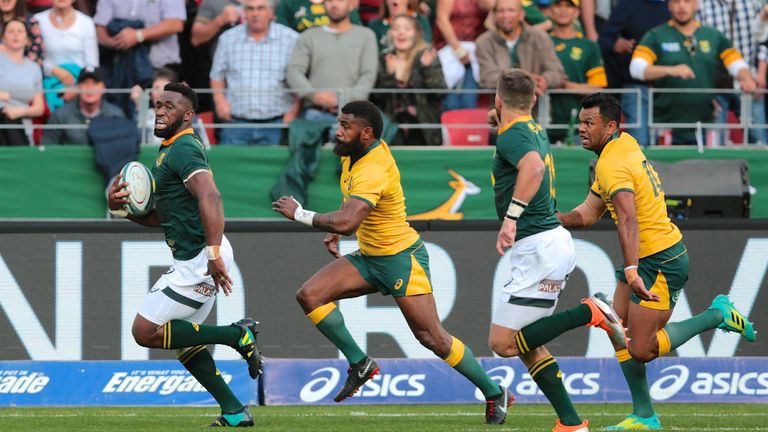 Ball carrier Siya Kolisi(c) of South Africa during the Rugby Championship match between South Africa and Australia at Nelson Mandela Bay Stadium on September 29, 2018 in Port Elizabeth, South Africa. 